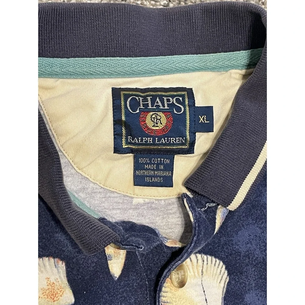 Vintage Chaps Ralph Lauren Mens‎ Polo XL Island Beach Seashell AOP Navy Blue